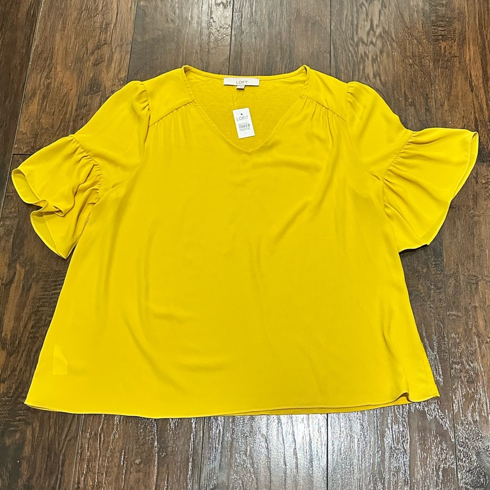 Loft Yellow Blouse with Short Bell Sleeves - Large